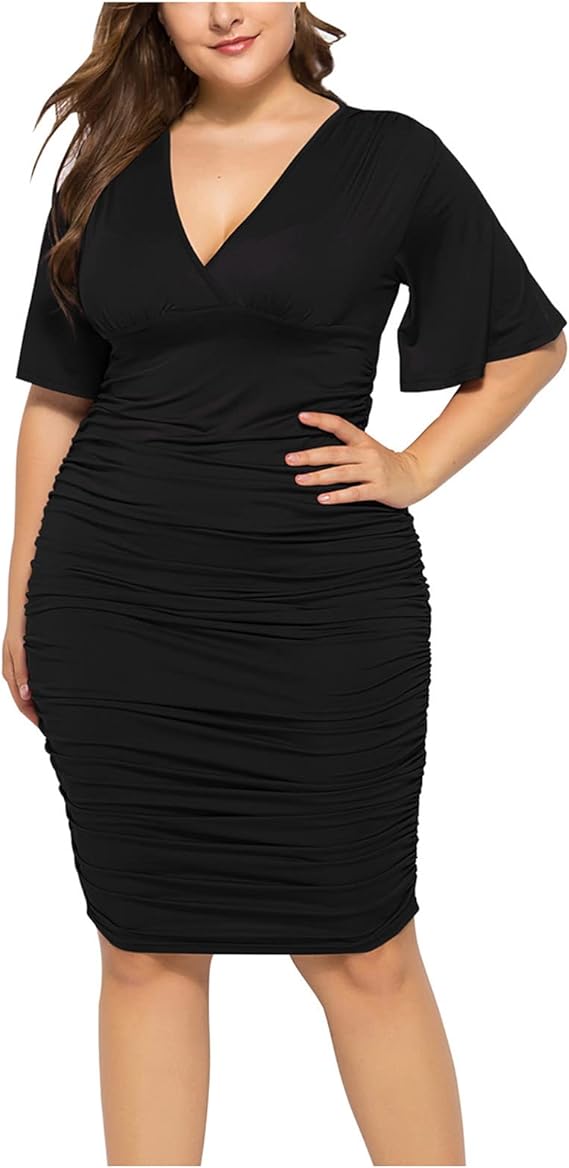 Plus Size Bodycon for Curvy Women Quarter Bell Sleeves V Neck Dress - Black