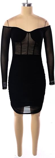 Velvet Bodycon Midi Sheer Clubwear Dress - Black