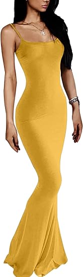 Spaghetti Strap Tight Slip Maxi Bodycon Dress  - Yellow