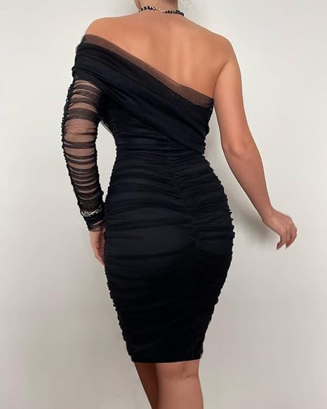 One Shoulder Sheer Bodycon Ruched Midi  Dress - Black