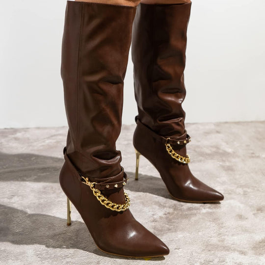 Chic Stiletto Heeled Western Boots for Women - Stylish Cowgirl Knee High Fashion Footwear-Slay Eclectic