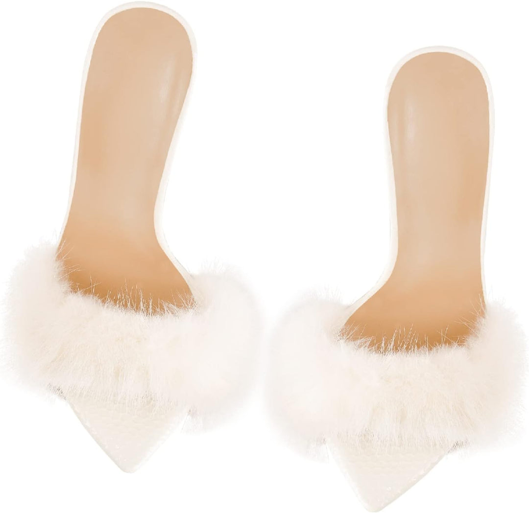 Women'S Fur Fuzzy Mules Slip on High Heels Sandals