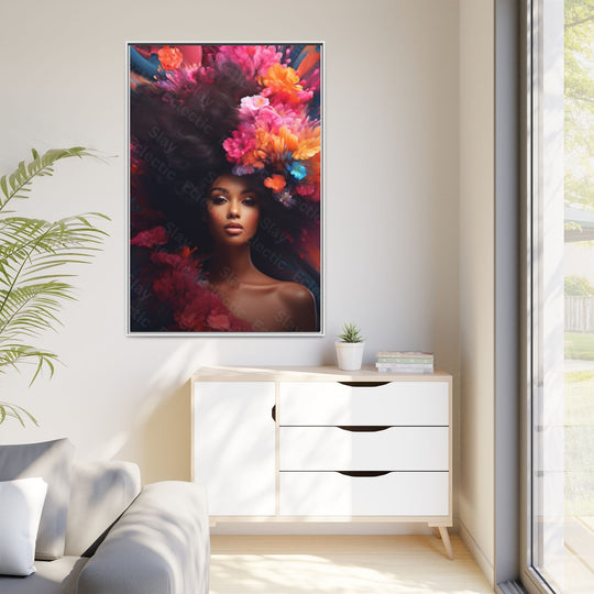 Vibrant Floral Matte Canvas Wall Art Framed Portrait of Beauty AI Art