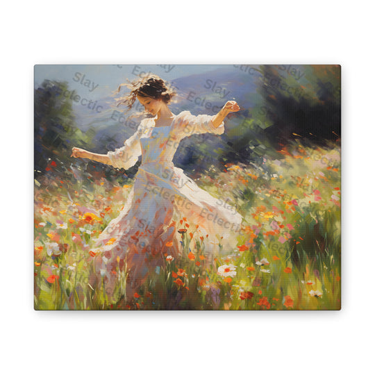 Canvas Print - Whimsical Monet Style Floral with Dreamy Dancing Girl in Field AI