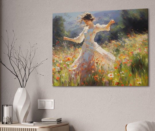 Canvas Print - Whimsical Monet Style Floral with Dreamy Dancing Girl in Field AI