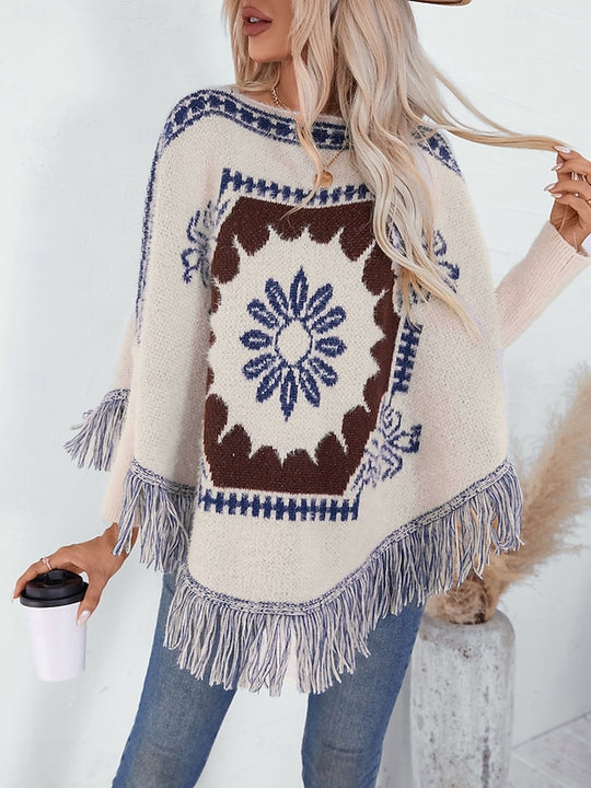 Women'S Cape Daily Casual Graphic Geometric Print Boat Neck Knitted Long Sleeve Regular Tops Knit Home Work Black Beige Fall Winter