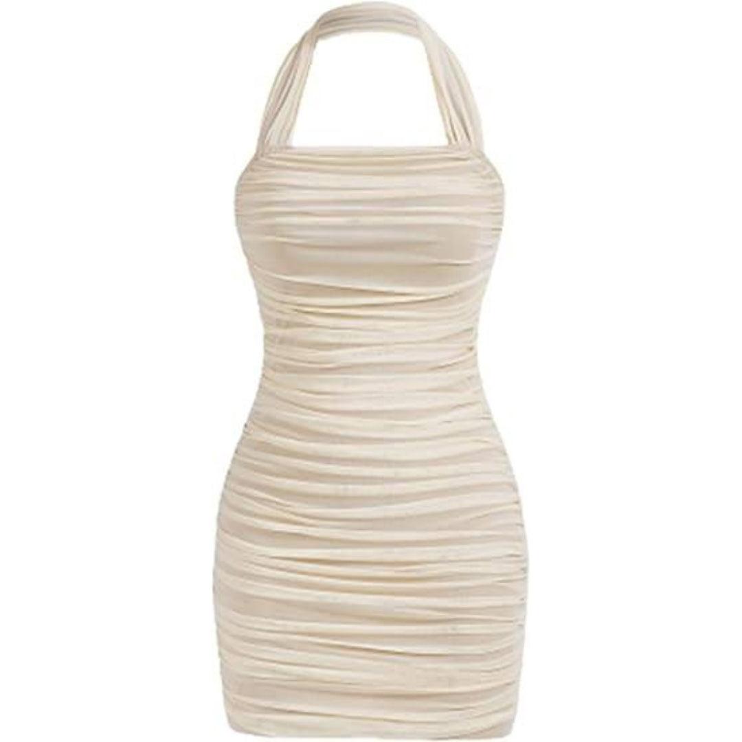 Casual Sleeveless Halter Pencil Bodycon Mini Dress - Cream