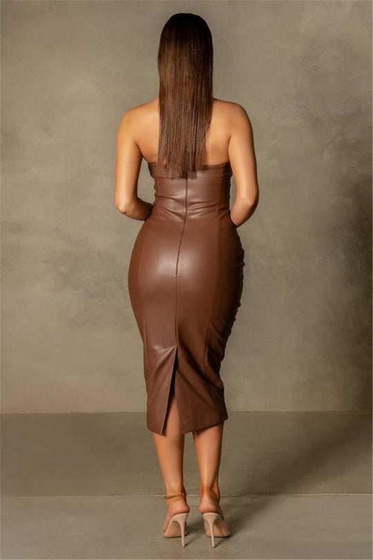 Sleek Faux Leather Off-Shoulder Bodycon Midi Dress for Night Out-Slay Eclectic