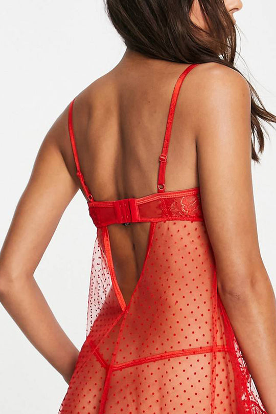 Red Polka Dot Mesh Lace Patchwork Tie Knot Babydoll Set