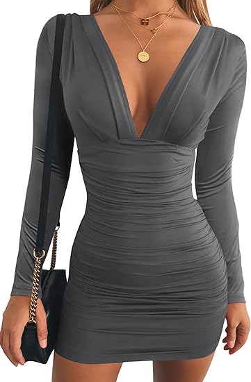 V Neck Ruched Cocktail Party Bodycon Mini Dress - Gray