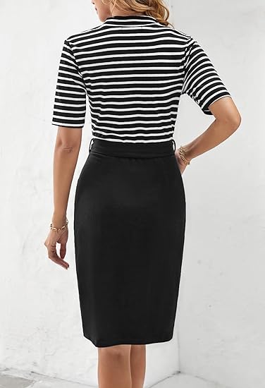 T-Shirt Mock Neck Office Party Dresses with Pockets - Black