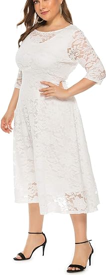 Eternatastic Women's Floral lace Plus Size Midi Dress - White