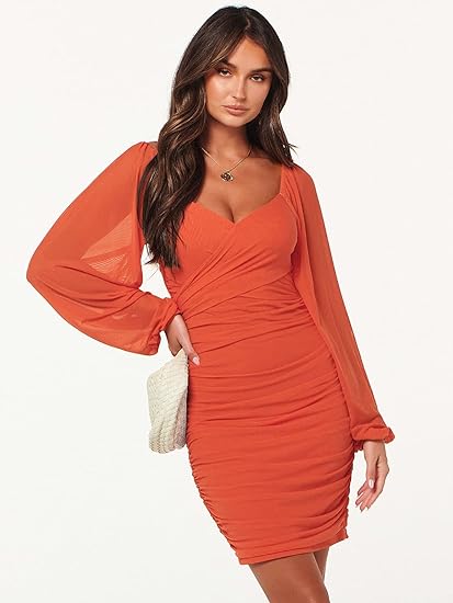 V-Neck Ruched Bodycon Mini Puff Dress - Orange