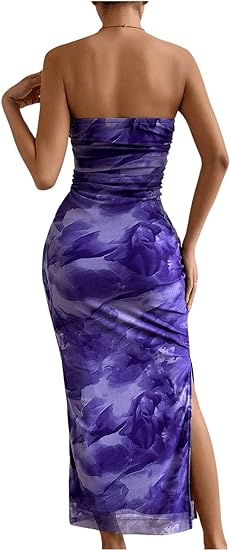 Mesh Floral Bodycon Maxi Dress - Purple