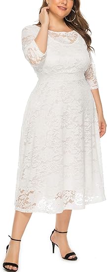 Eternatastic Women's Floral lace Plus Size Midi Dress - White