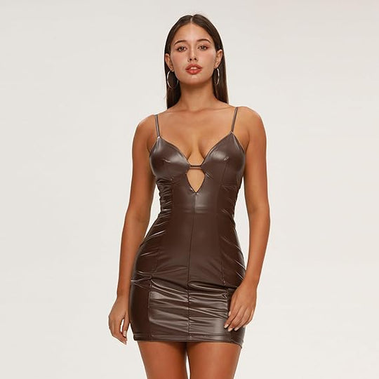 Cutout Faux Leather Mini Bodycon Dress - Brown