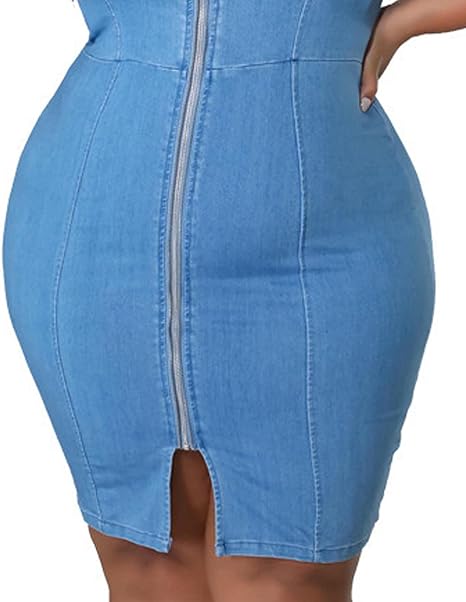 Full Zipper Bodycon Denim Dress V-Neck Plus Size Mini Dress - Light Blue