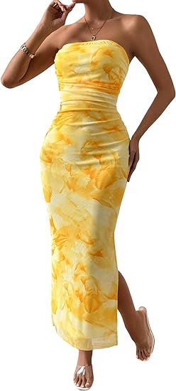 Mesh Floral Bodycon Maxi Dress - Yellow