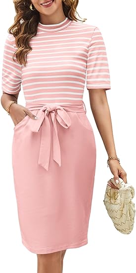 T-Shirt Mock Neck Office Party Dresses with Pockets - Pink