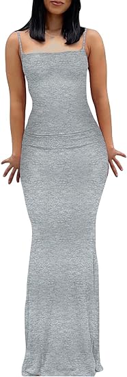 Spaghetti Strap Tight Slip Maxi Bodycon Dress  - Gray