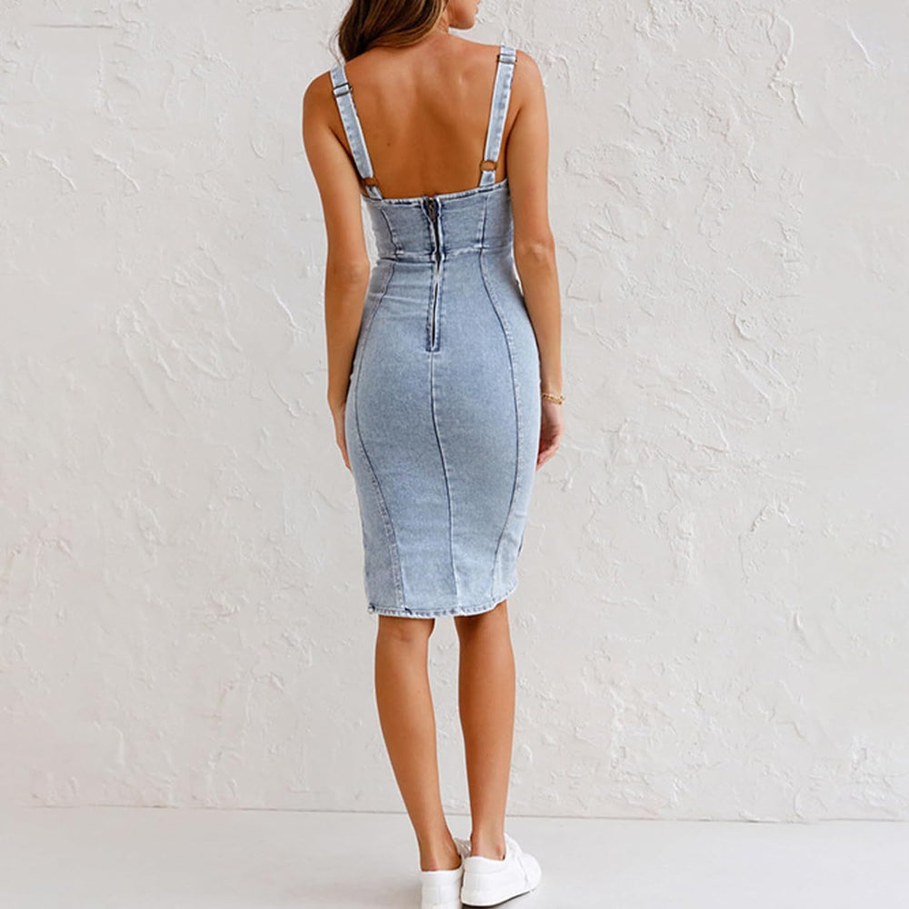 Chic Denim Wrap Bodycon Midi Dress - Blue