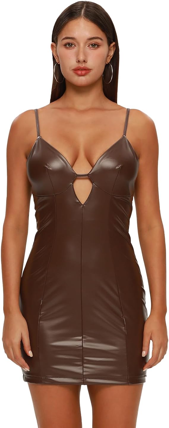 Cutout Faux Leather Mini Bodycon Dress - Brown