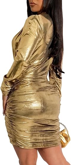 Sparkly V Neck Metallic Bodycon Club Mini Dresses - Gold