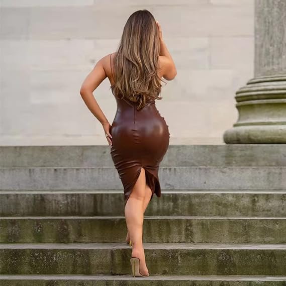 Bodycon Spaghetti Straps Leather Backless Dress - Brown