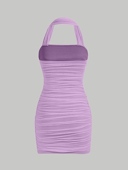 Casual Sleeveless Halter Pencil Bodycon Mini Dress - Purple