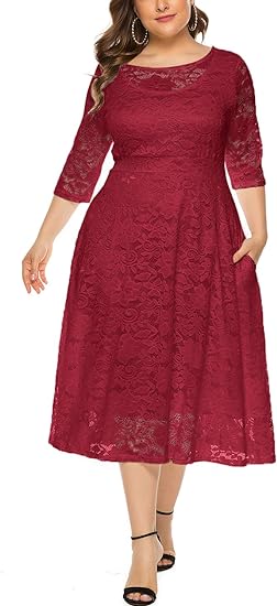 Eternatastic Women's Floral lace Plus Size Midi Dress - Red