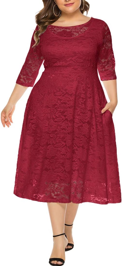 Eternatastic Women's Floral lace Plus Size Midi Dress - Red