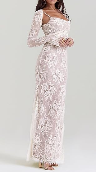 Vintage Lace Maxi Bodycon Dress -  Cream