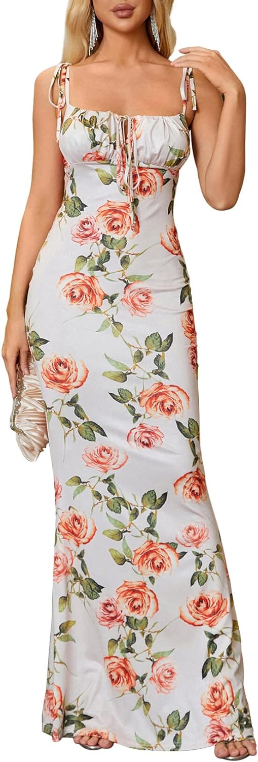 Spaghetti Strap Floral Vibe Bodycon Maxi Dress - White