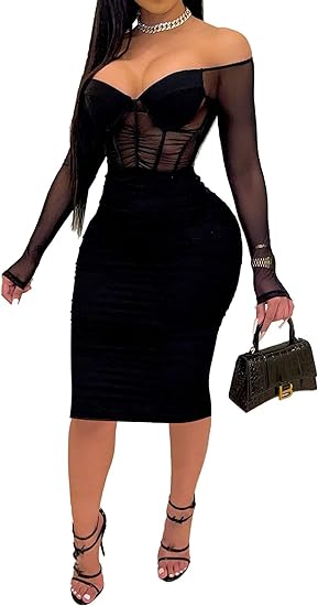 Velvet Bodycon Midi Sheer Clubwear Dress - Black