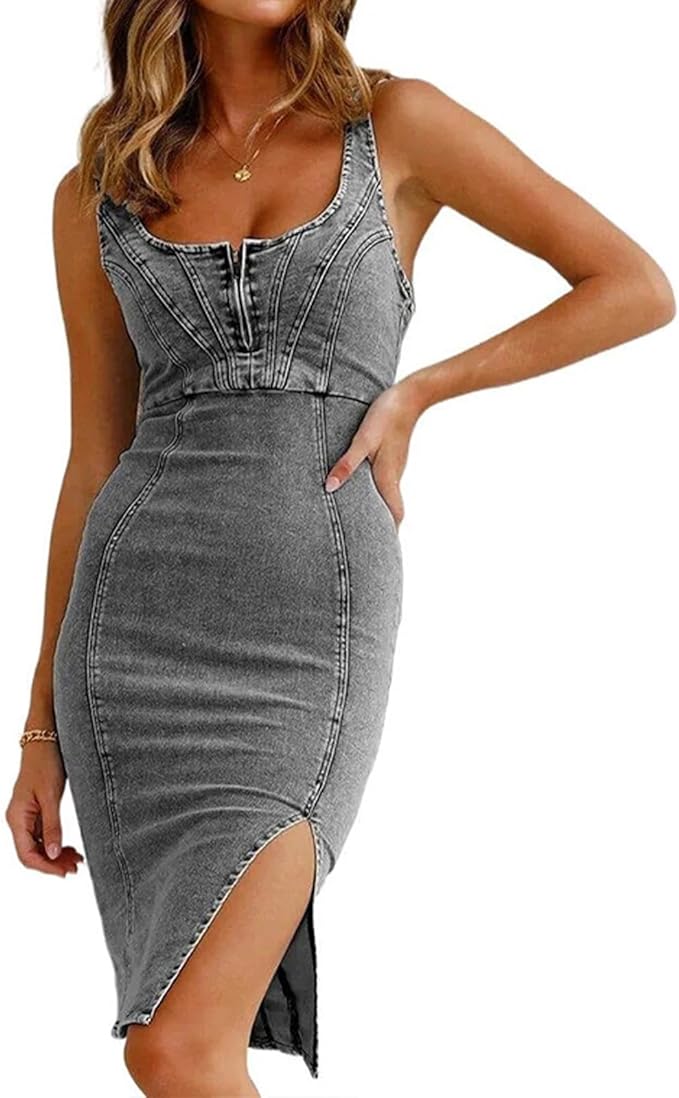 Chic Denim Wrap Bodycon Midi Dress - Gray