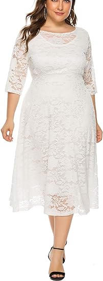 Eternatastic Women's Floral lace Plus Size Midi Dress - White