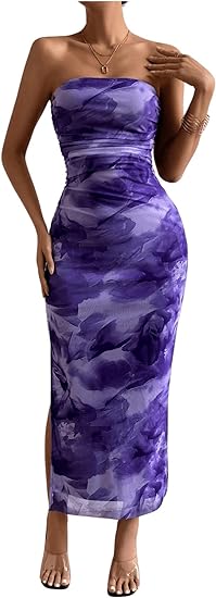 Mesh Floral Bodycon Maxi Dress - Purple