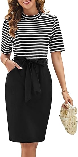 T-Shirt Mock Neck Office Party Dresses with Pockets - Black