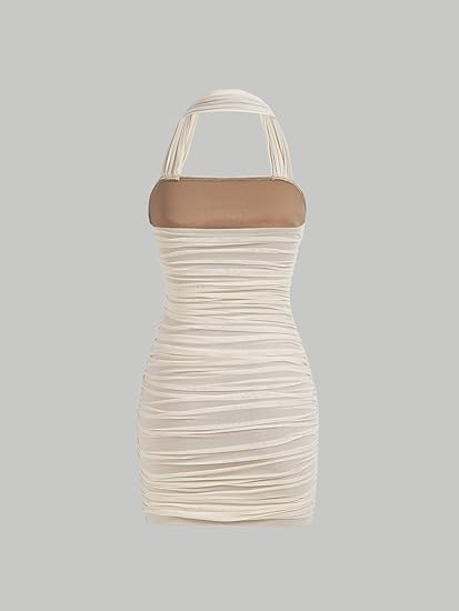 Casual Sleeveless Halter Pencil Bodycon Mini Dress - Cream