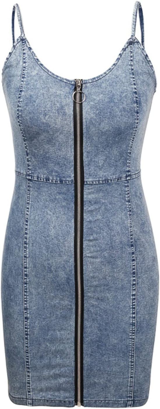 Trendy Front Zipper Denim Skirt Backless Bodycon Dress - Blue