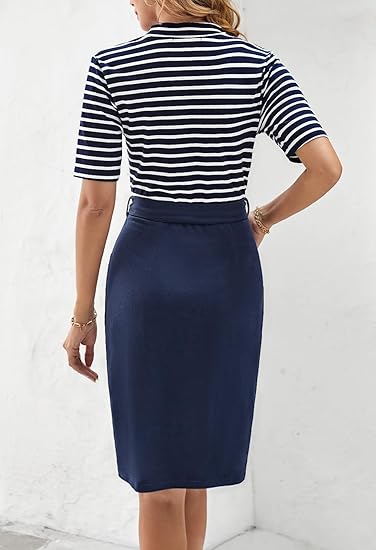 T-Shirt Mock Neck Office Party Dresses with Pockets - Blue