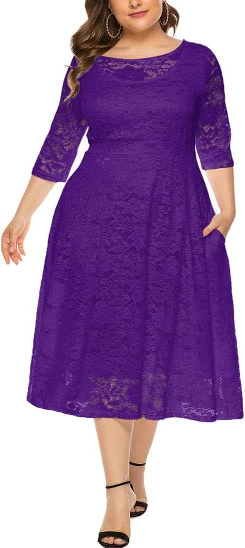 Eternatastic Women's Floral lace Plus Size Midi Dress - Purple