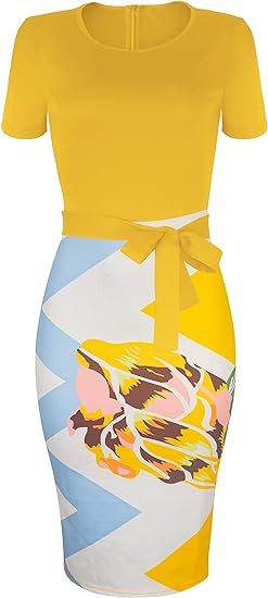 Floral Prints Pencil Dress Midi with Belt - Yellow