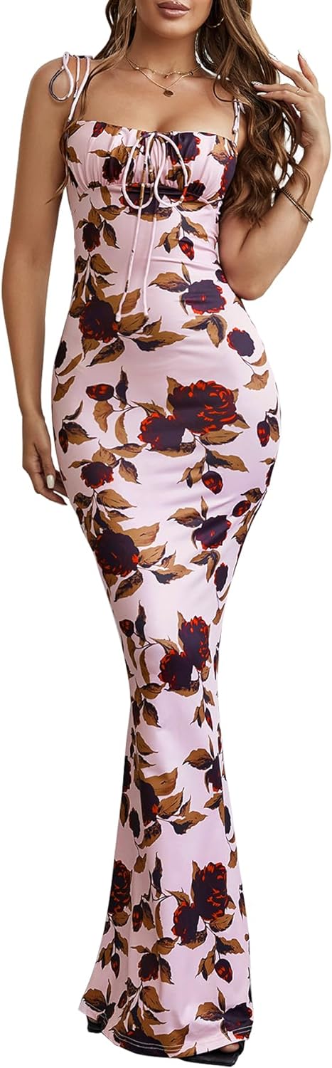 Spaghetti Strap Red rose Floral Bodycon Maxi Dress