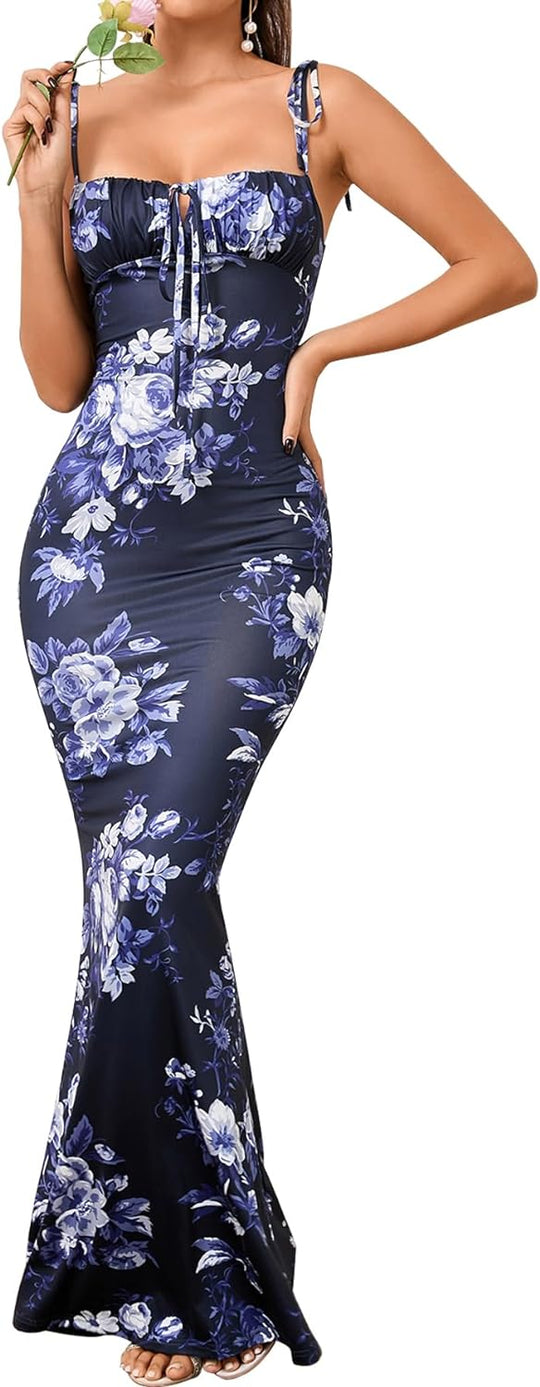 Spaghetti Strap Floral Charm Bodycon Maxi Dress - Navy Blue