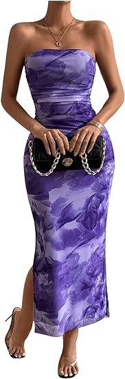 Mesh Floral Bodycon Maxi Dress - Purple