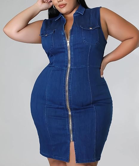 Full Zipper Bodycon Denim Dress V-Neck Plus Size Mini Dress - Blue