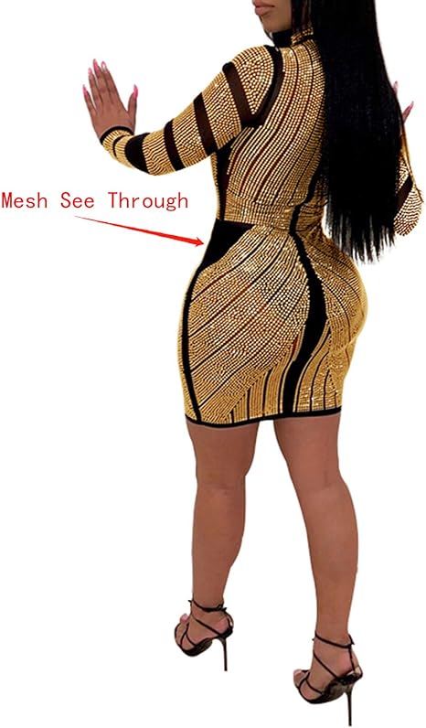 Rhinestone Long Sleeve Night Club Dress - Gold