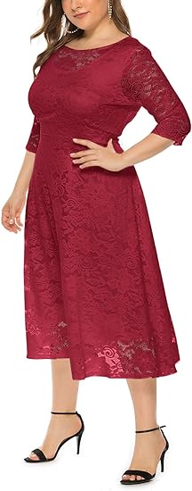 Eternatastic Women's Floral lace Plus Size Midi Dress - Red