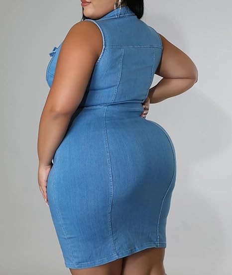 Full Zipper Bodycon Denim Dress V-Neck Plus Size Mini Dress - Light Blue